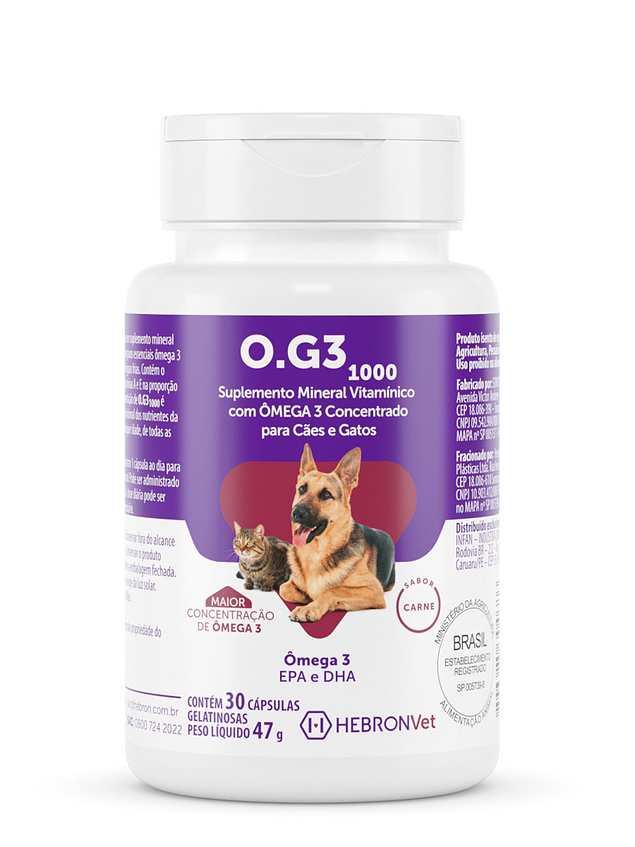 Hebronvet O.G 3 (500 e 1000) Suplemento de ômega-3 para cães e gatos