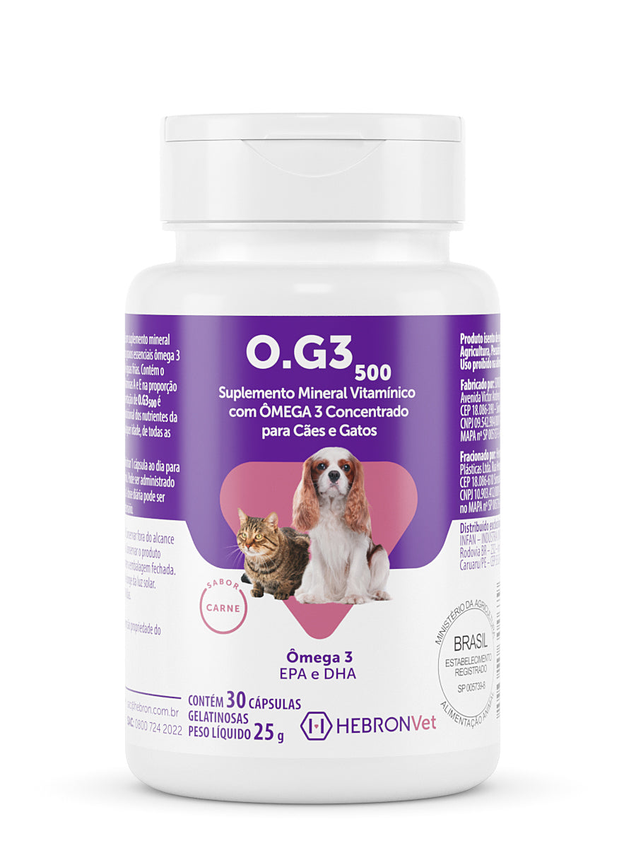 Hebronvet O.G 3 (500 e 1000) Suplemento de ômega-3 para cães e gatos
