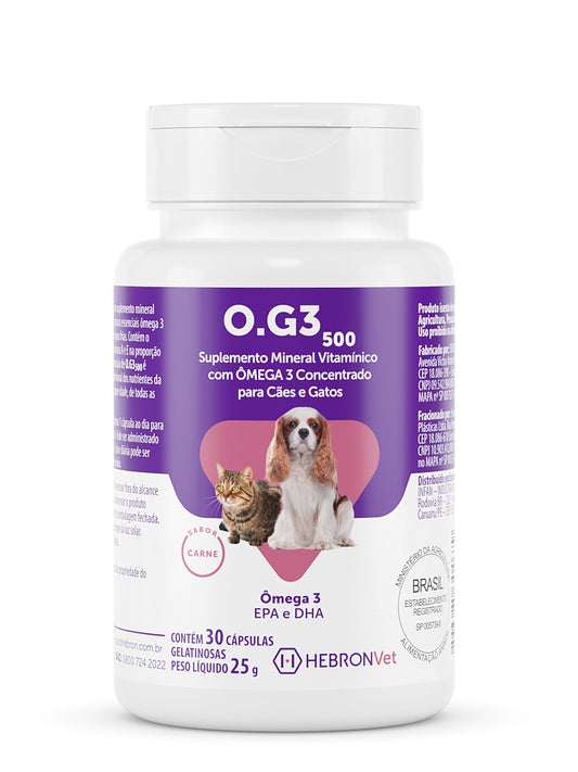 Hebronvet O.G 3 (500 e 1000) Suplemento de ômega-3 para cães e gatos