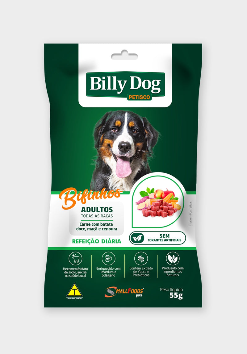 Bifinho Billy Dog Refeição Diária Sabor Carne com Batata-Doce, Maçã e Cenoura